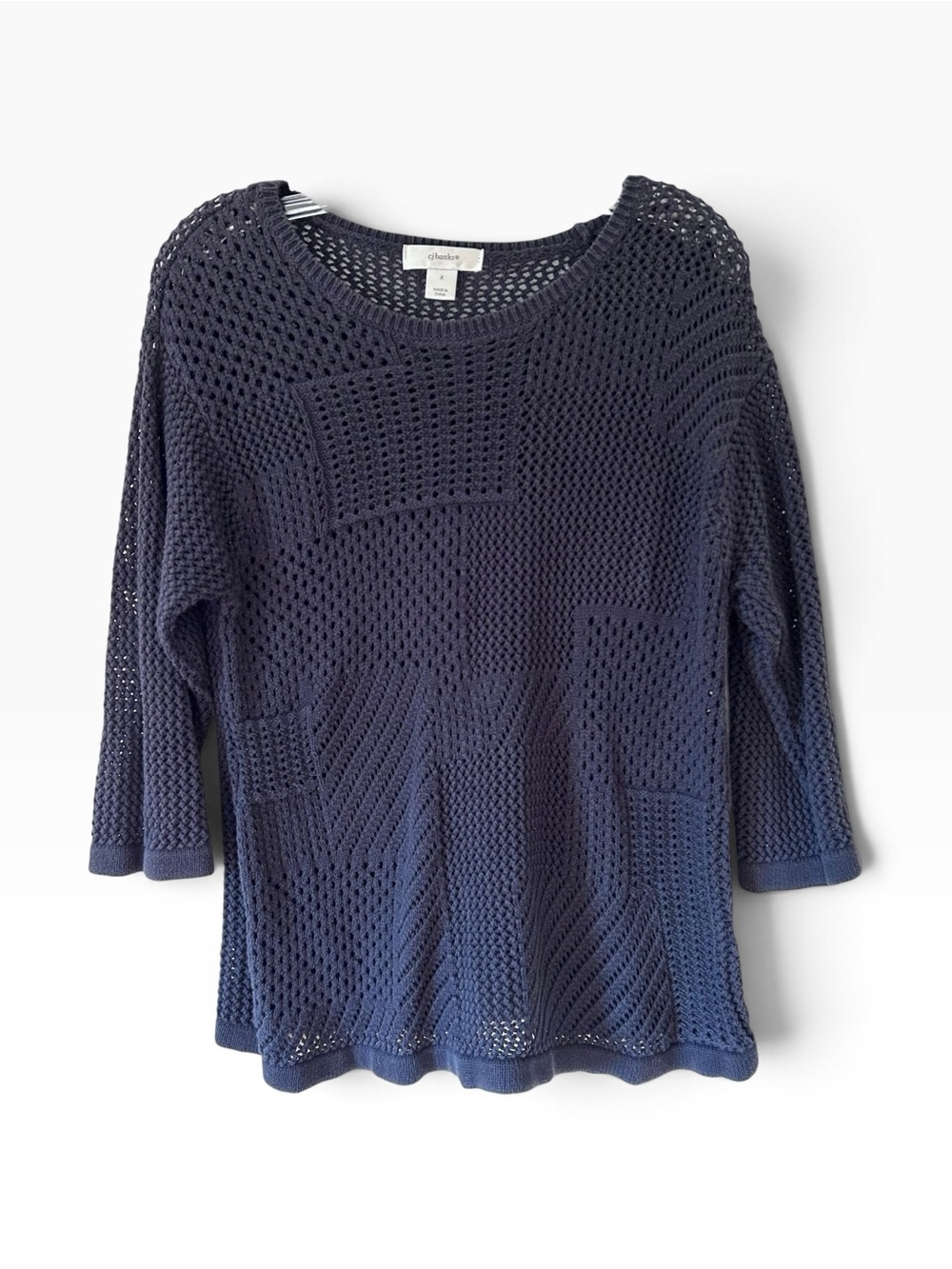 CJ Banks Y2K Navy Open-Weave Cotton Knit Sweater Boho